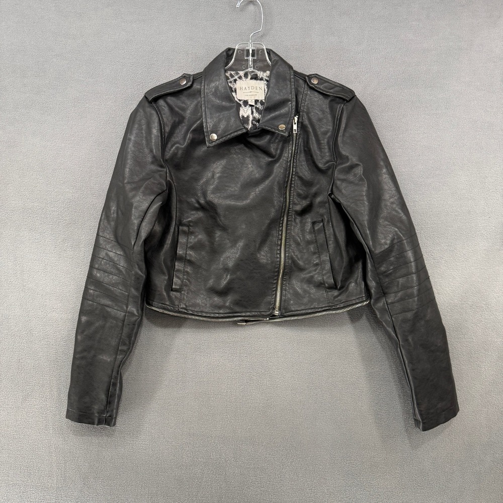 Hayden Cropped Moto Jacket Los Angeles Black‎ Faux Leather Leopard Lining Medium